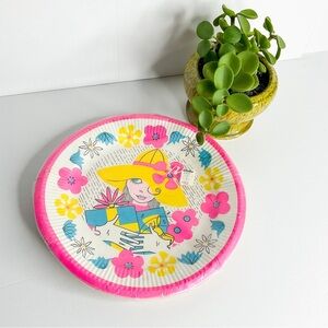 VINTAGE 70s Paper Plates Girl In Hat Bright Pink
